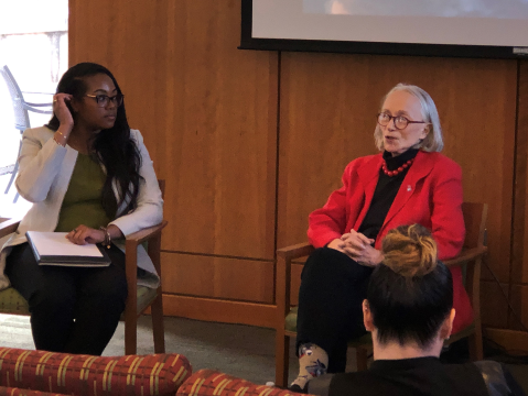 A student of RBG at Rutgers Law/Newark & fifty years later, Marjorie G. Jones (RL68) speaks with students at Rutgers Law/Camden before a showing of The Basis of Sex (April 2019).